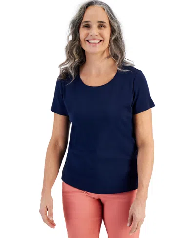 Style & Co Petite Cotton Scoop-neck Short-sleeve Top, Created For Macy's In Blue