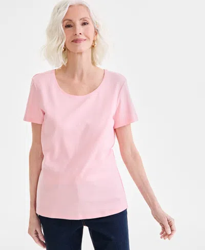 Style & Co Women's Cotton Short-sleeve Scoop-neck Top, Created For Macy's In Peachy Pink