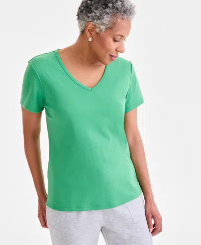 Style & Co Women's Cotton Short Sleeve V-neck Top, Exclusively At Macy's In Green