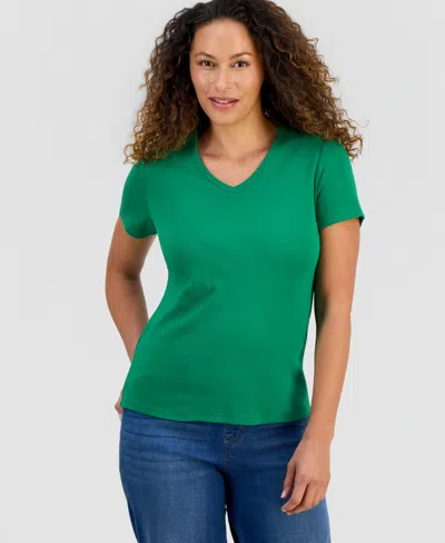 Style & Co Women's Cotton Short Sleeve V-neck Top, Exclusively At Macy's In Green