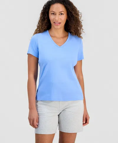 Style & Co Women's Cotton Short Sleeve V-neck Top, Exclusively At Macy's In Blue