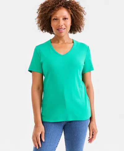 Style & Co Women's Cotton Short Sleeve V-neck Top, Exclusively At Macy's In Blue