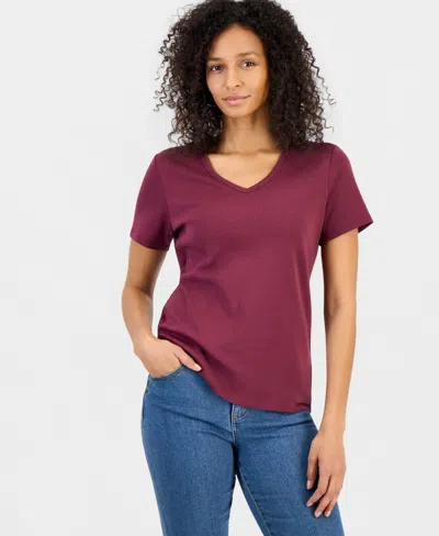 Style & Co Women's Cotton Short Sleeve V-neck Top, Exclusively At Macy's In Red