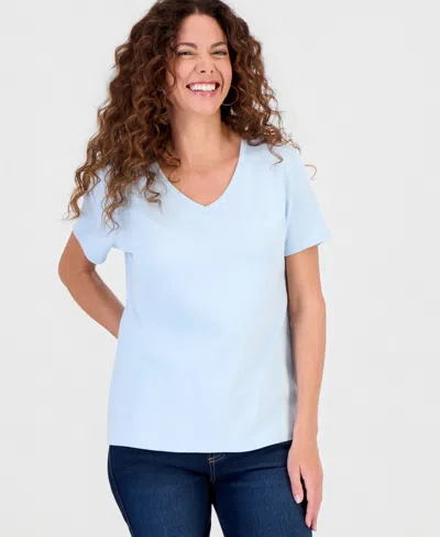 Style & Co Women's Cotton Short Sleeve V-neck Top, Exclusively At Macy's In Blue