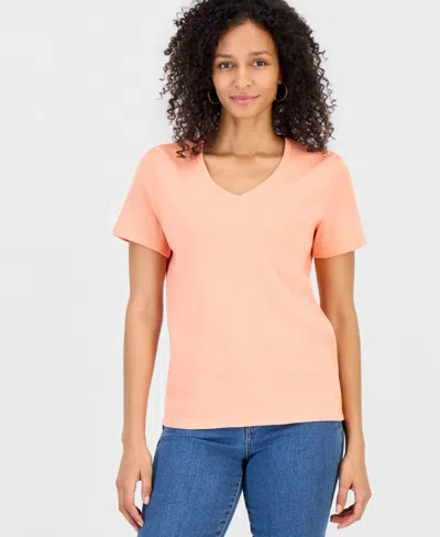 Style & Co Women's Cotton Short Sleeve V-neck Top, Exclusively At Macy's In Neutral