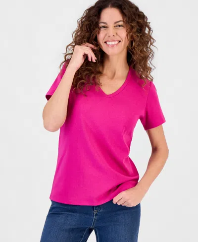 Style & Co Women's Cotton Short Sleeve V-neck Top, Exclusively At Macy's In Pink