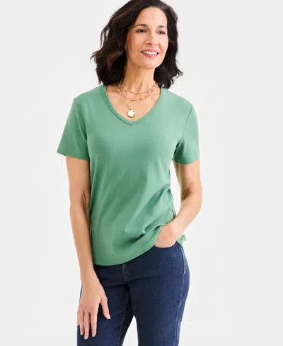 Style & Co Women's Cotton Short Sleeve V-neck Top, Exclusively At Macy's In Green