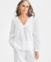 Style & Co Women's Cotton Smocked Split-neck Peasant Top, Macy's Exclusive In White