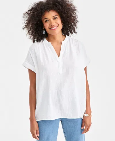 Style & Co Women's Cotton Split-neck Dolman-sleeve Shirt, Macy's Exclusive In White