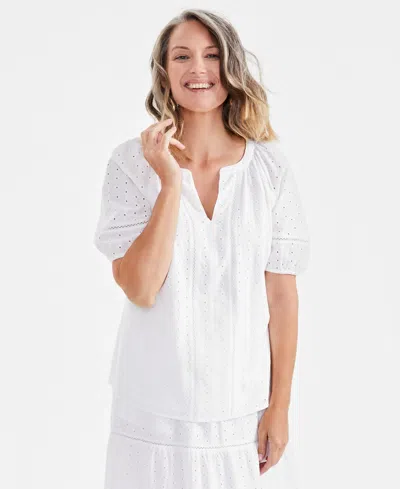 Style & Co Women's Cotton Split-neck Short-sleeeve Eyelet Top, Exclusively At Macy's In Bright White
