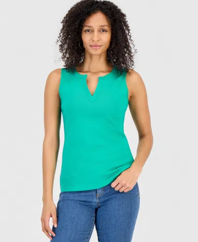 Style & Co Women's Cotton Split-neck Tank Top, Macy's Exclusive In Blue