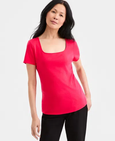 Style & Co Women's Cotton Square-neck Short-sleeve T-shirt, Exclusively At Macy's In Red