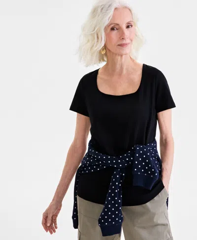 Style & Co Women's Cotton Square-neck Short-sleeve T-shirt, Exclusively At Macy's In Deep Black