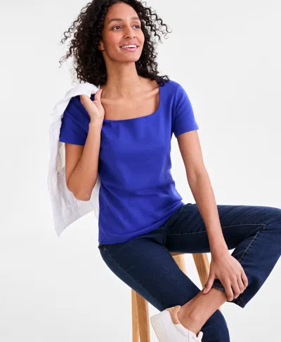 Style & Co Women's Cotton Square-neck Short-sleeve T-shirt, Exclusively At Macy's In Jazzy Blue