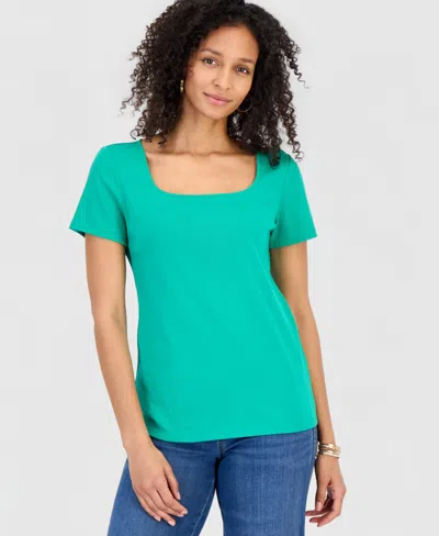 Style & Co Women's Cotton Square-neck Short-sleeve T-shirt, Exclusively At Macy's In Green