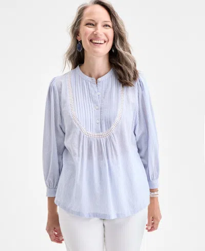 Style & Co Women's Cotton Stripe Lace-bib 3/4-sleeve Top, Exclusively At Macy's In Blue