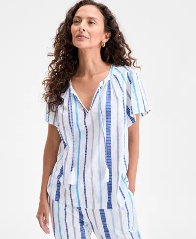 Style & Co Women's Cotton Stripe Split-neck Flutter-sleeve Top, Exclusively At Macy's