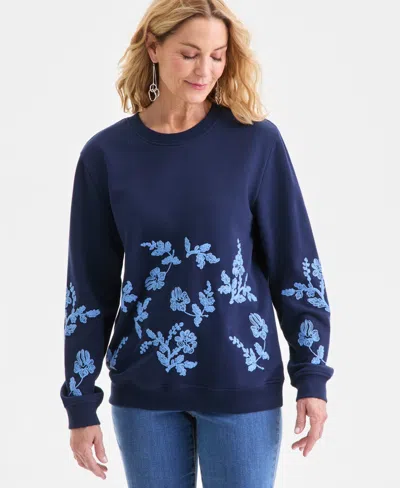 Style & Co Women's Crewneck Embroidered Sweatshirt, Macy's Exclusive In Blue