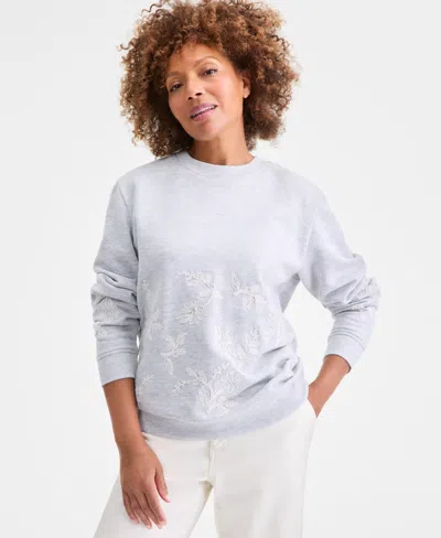 Style & Co Women's Crewneck Embroidered Sweatshirt, Macy's Exclusive In White