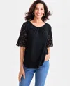 Style & Co Women's Crewneck Eyelet-sleeve Knit, Exclusively At Macy's In Black