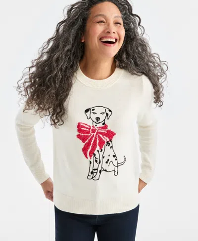 Style & Co Women's Crewneck Holiday Whimsy Sweater, Macy's Exclusive In White