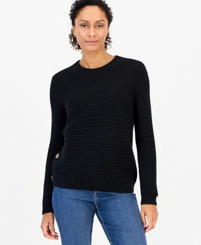 Style & Co Women's Crewneck Ribbed-knit Side-button Sweater, Macy's Exclusive In Black