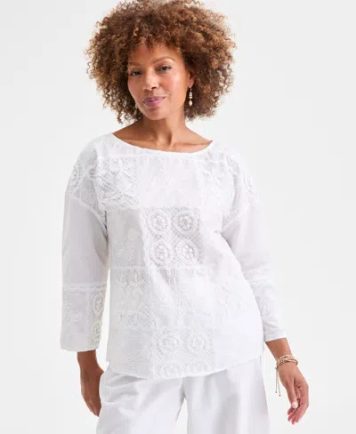 Style & Co Plus Size Lace Patchwork Round Neck Top In White