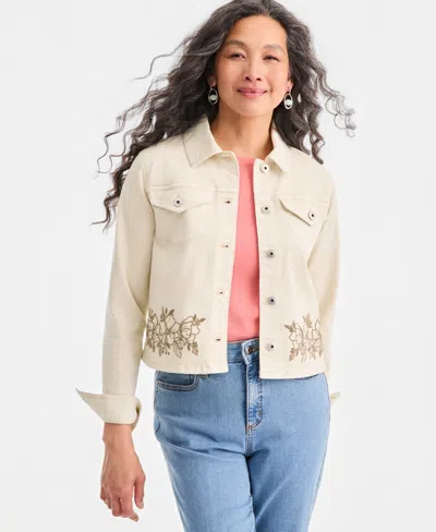 Style & Co Women's Cropped Embroidered Denim Jacket, Macy's Exclusive In Creamy White