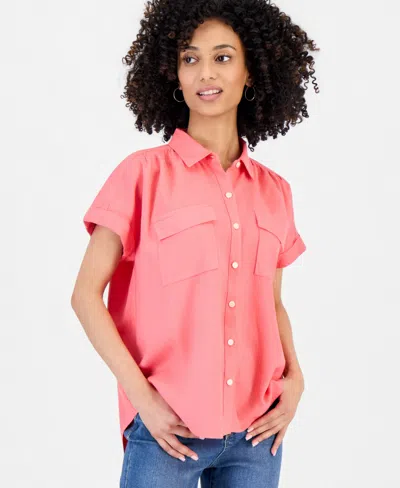 Style & Co Women's Cuffed Camp Shirt, Macy's Exclusive In Pink
