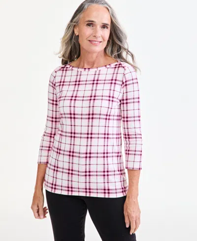 Style & Co Women's Dani Pima Cotton Plaid 3/4-sleeve Boatneck T-shirt, Created For Macy's In Fresh Vanilla