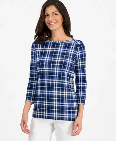 Style & Co Women's Dani Pima Cotton Plaid 3/4-sleeve Boatneck T-shirt, Created For Macy's In Industrial Blue