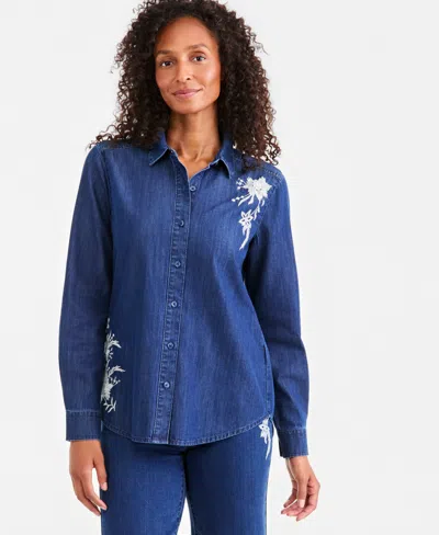 Style & Co Women's Denim Long-sleeve Floral-embroidered Shirt, Macy's Exclusive In Blue