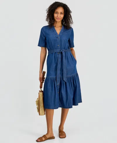 Style & Co Women's Denim Midi Tiered Dress, Macy's Exclusive In Blue
