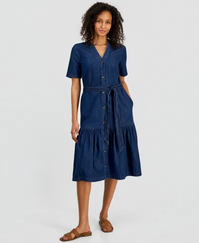 Style & Co Women's Denim Midi Tiered Dress, Macy's Exclusive In Blue