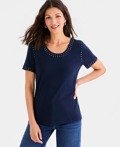 Style & Co Style Co Womens Embellished Scoop Neck Top Macys Exclusive In Blue