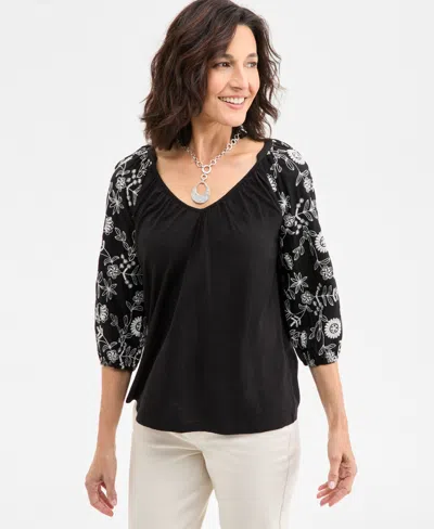 Style & Co Women's Embroidered 3/4-sleeve V-neck Top, Exclusively At Macy's In Deep Black