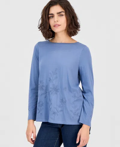 Style & Co Women's Embroidered Boat-neck Long-sleeve Top, Macy's Exclusive In Blue