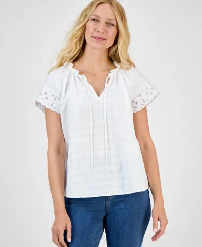 Style & Co Women's Embroidered Cotton Flutter-sleeve Top, Exclusively At Macy's In White