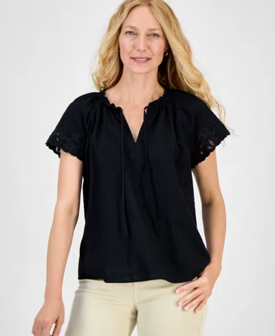 Style & Co Women's Embroidered Cotton Flutter-sleeve Top, Exclusively At Macy's In Black