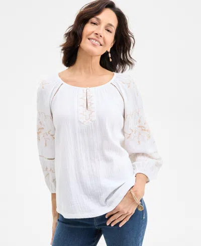 Style & Co Women's Embroidered Cotton Peasant Top, Exclusively At Macy's In Bright White