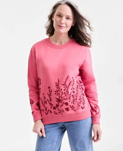 Style & Co Women's Embroidered Crewneck Fleece Sweatshirt, Exclusively At Macy's In Floral Red