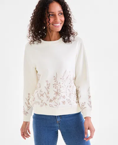 Style & Co Women's Embroidered Crewneck Fleece Sweatshirt, Exclusively At Macy's In Floral White