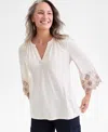 Style & Co Women's Embroidered-cuff Split-neck Blouse, Macy's Exclusive In White