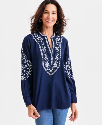 Style & Co Women's Embroidered Long-sleeve Tunic, Macy's Exclusive In Blue