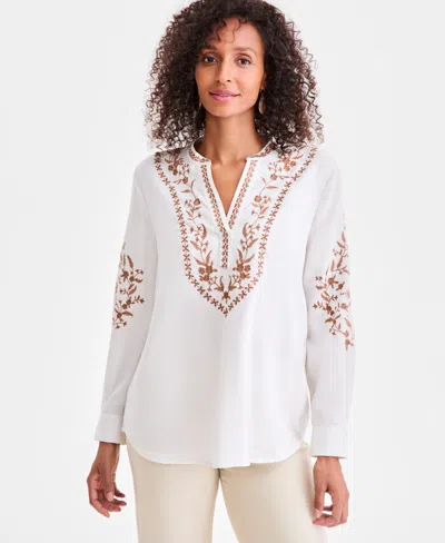 Style & Co Women's Embroidered Long-sleeve Tunic, Macy's Exclusive In White