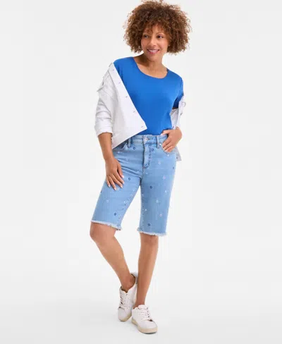 Style & Co Women's Embroidered Mid-rise Denim Bermuda Shorts, Exclusively At Macy's