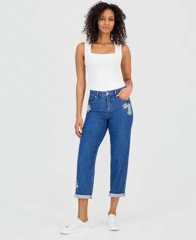 Style & Co Style Co Womens Embroidered Mid Rise Relaxed Straight Leg Jeans Macys Exclusive In Blue