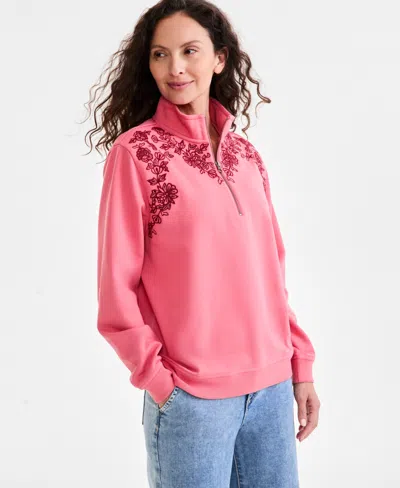 Style & Co Women's Embroidered Mock-neck Sweatshirt, Exclusively At Macy's In Red Granite