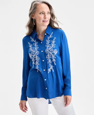 Style & Co Women's Embroidered Perfect Shirt, Exclusively At Macy's In Blue