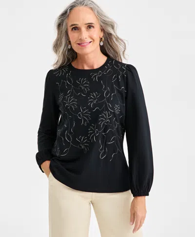 Style & Co Women's Embroidered Puff-sleeve Knit Top, Macy's Exclusive In Black
